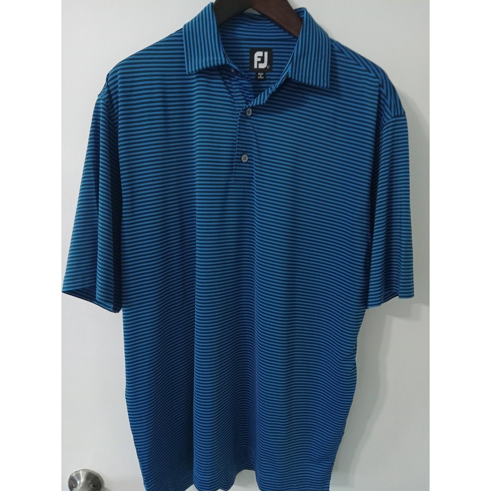 Footjoy Men's Polo Golf Short Sleeve Shirt Size Large Blue With Black Stripes